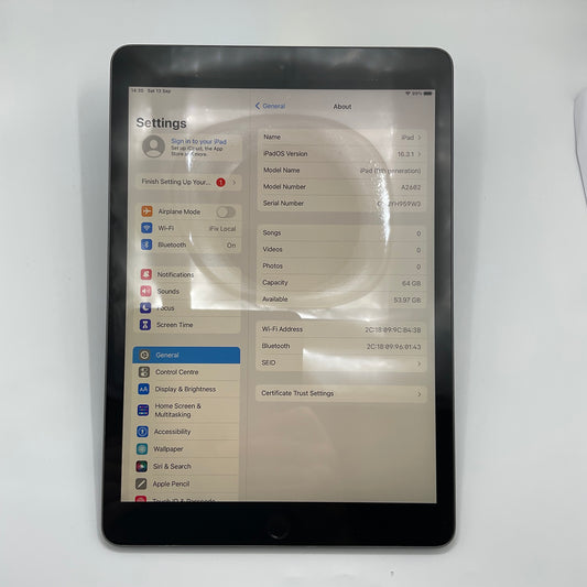 Apple iPad 9th Gen (A2602)-10.2" 64GB - Space Grey, Grade C, WiFi, 100% Battery