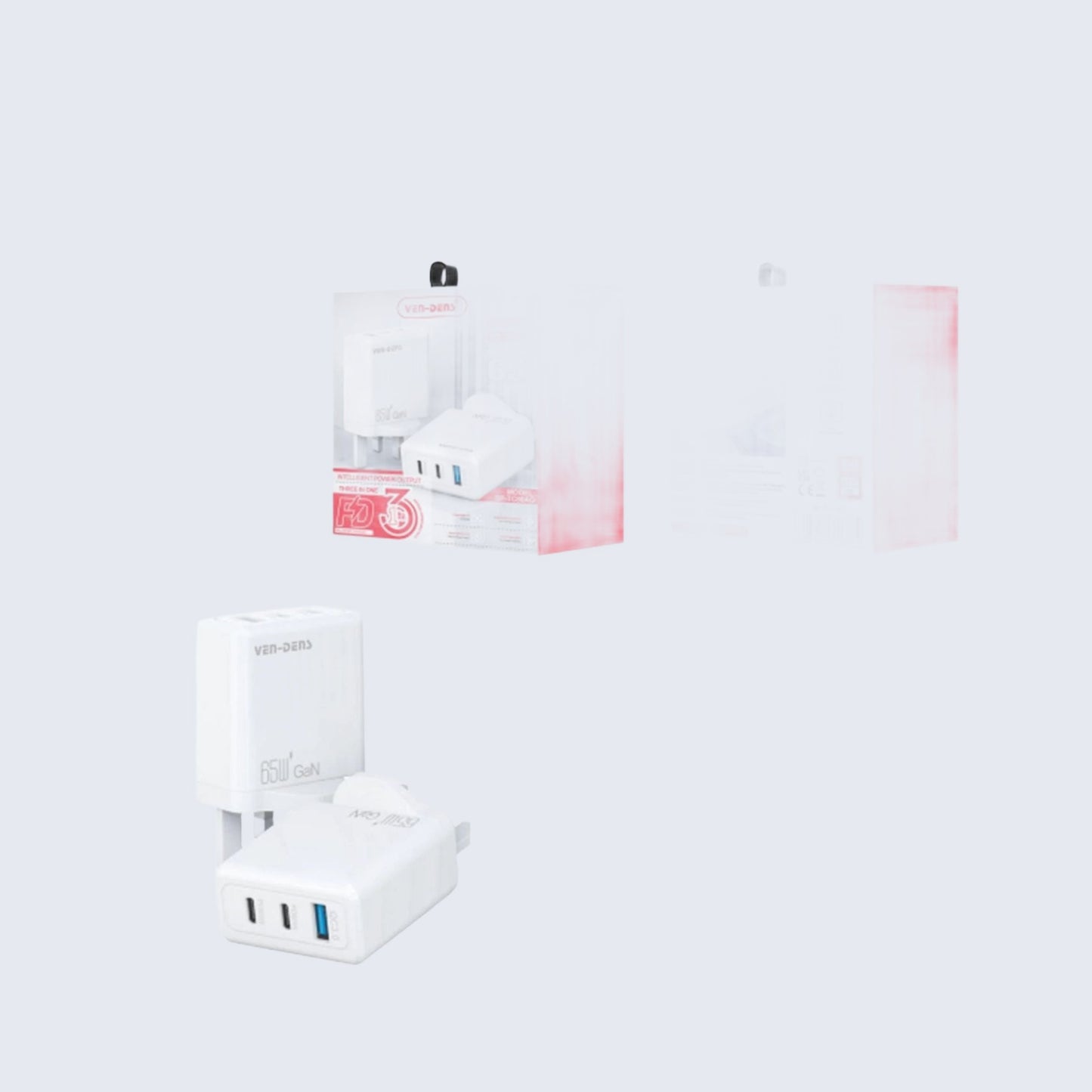 65W GaN Charger USB & Type-C 3 in 1 Multi Port Phone and Tablet Charger Plug