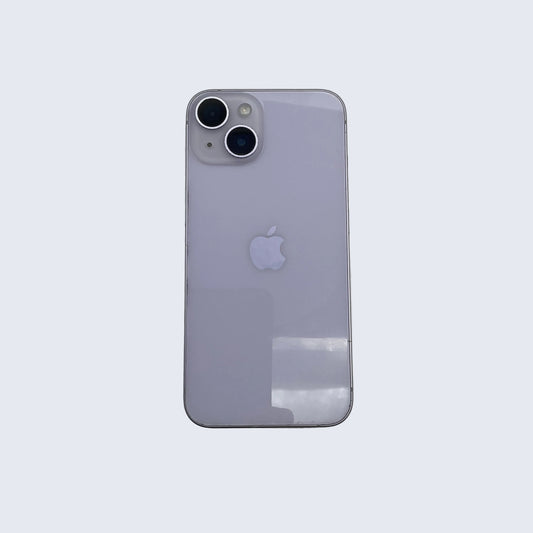 Purple iPhone on a round white platform with a gray background